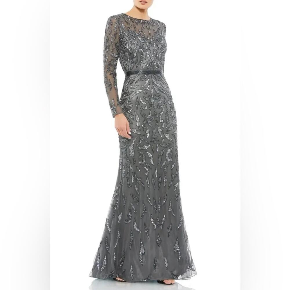 NWT Mac Duggal 5124 Beaded Long Sleeve Evening Gown Charcoal 18